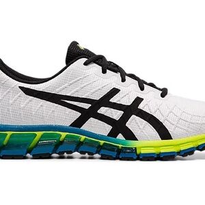 Asics White and Black Athletic Shoes with Blue and Green Accents